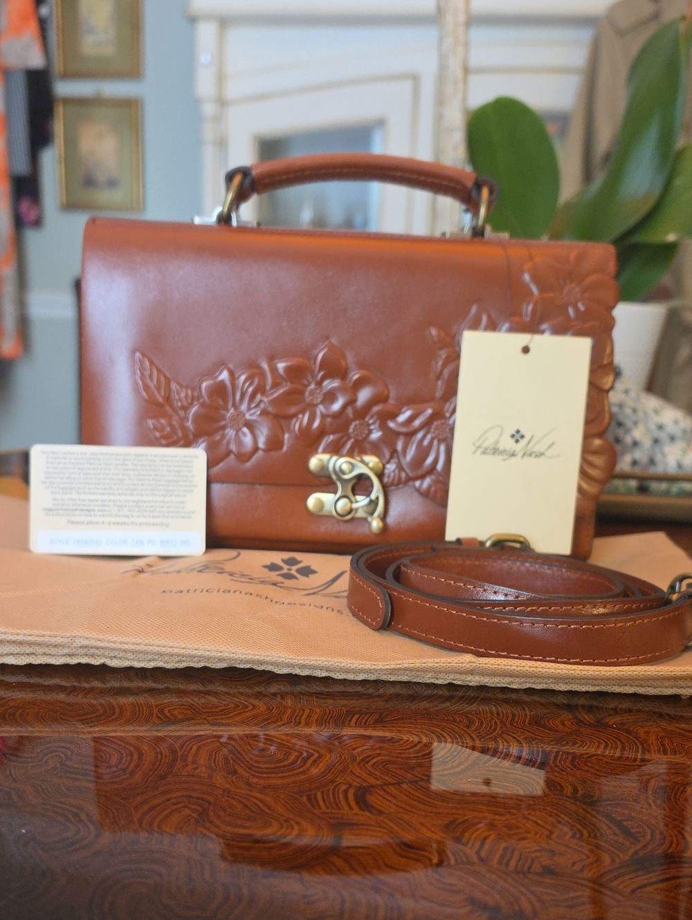 Patricia Nash Charonne Satchel, crafted in tan leather with intricate floral NWT